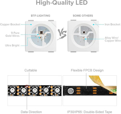 BTF-LIGHTING WS2812B IC RGB 5050SMD Pure Gold Individual Addressable LED Strip 3.28FT 100LED 100Pixel/m Flexible Full Color IP30 DC5V for DIY Chasing Color Project(No Adapter or Controller)