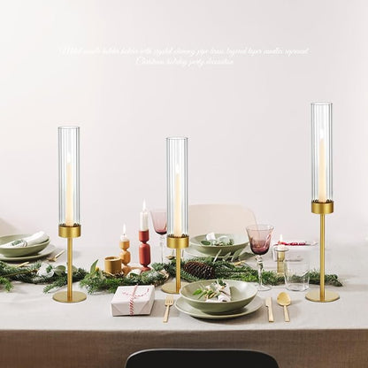 Glass Hurricane Candle Holders Set (18pcs)-Gold Metal Base Taper Candle Stick Holders for Candlesticks Holder Decor, Elegant Dining Table Centerpiece for Wedding, Christmas & Home Decor-Ribbed Glass