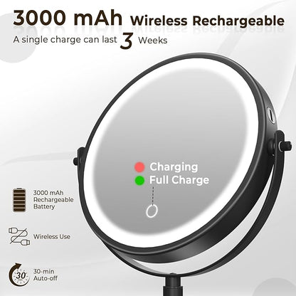 8" Wall Mounted Lighted Makeup Mirror, 3000mAh Rechargeable Double Sided 1X/10X Magnifying Mirror with Hook, 3 Color Lights Touch Dimmable 360° Rotation Vanity Mirror for Bathroom (Black)