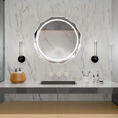 Round LED Bathroom Mirror, Beveled Edge Frameless Wall Mount Bathroom Vanity Mirror with 3-Color and Anti-Fog, 24 Inch, Silver