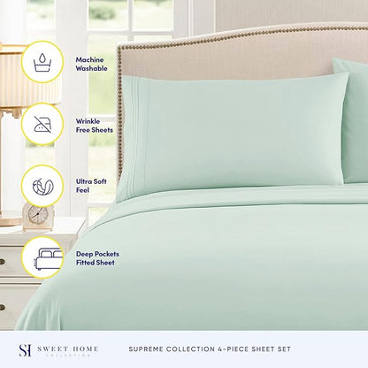 Split King Sheets - Breathable Luxury Sheets with Full Elastic & Secure Corner Straps Built In - 1800 Supreme Collection Extra Soft Deep Pocket Bedding Set, Sheet Set, Split King Size, Mint