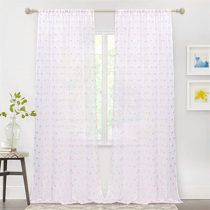 MYSKY HOME 108 Inch Pink Pom Pom Curtains, 2 Sets, 52 x 108 Inch, Rod Pocket, Modern, Sheer, Adult, Unisex, Bedroom, Living Room, Dining Room