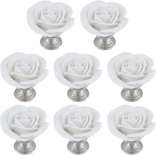8PCS 1.65" × 1.54" White Rose with Base Knobs Ceramics Flower Shaped Pulls for Cupboard Drawer, with 2 Kinds of Screws