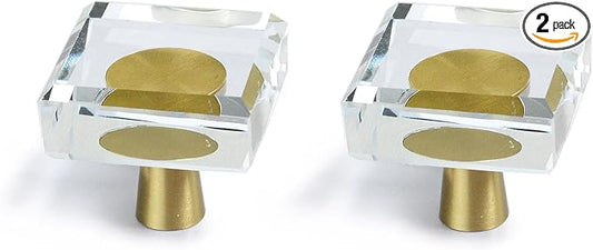 JEREVER 2 Pack Glass Crystal Knobs Brass Drawer Pull Cabinet Handle Gold Furniture Hardware for Dresser Kitchen (Square)