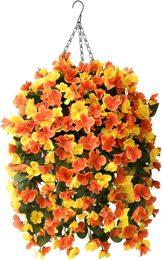 Artificial Hanging Flowers Basket for Fall Autumn Outdoor Decor,Faux Silk Begonia in Planter Look Real UV Resistant for Porch Home Patio Garden Yard Decoration