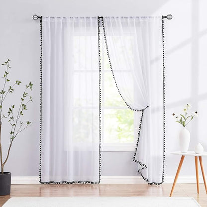 Treatmentex Black and White Sheer Curtains for Living Room 95" Long Linen Curtain Draperies for Nursery Room Decorative Pompom Voiles 2 Panels