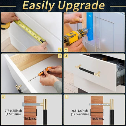 Knurled Cabinet Pulls 6 Pack, 16 Inch Long Cabinet Handles Metal Door Pulls, Kitchen Drawer Pull Knurled Dresser Handles - 10" Hole to Hole, Black & Gold