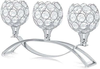 Crystal Tealight Candle Holder Centerpiece Home Decorative Candlestick Holder Elegant Table Centerpiece Home Decor Wedding Party Anniversary (Silver, 3 Arm)