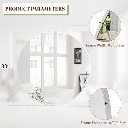 BEAUTYPEAK 30 Inch Round Mirror, Metal Frame Circle Mirror, Wall Mounted for Entryway, Bathroom, Vanity, Living Room, White