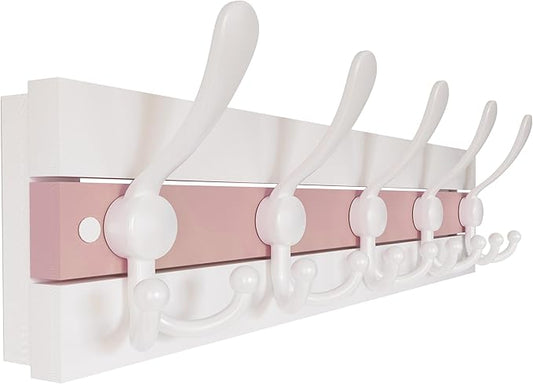 SKOLOO Coastal Wall Mounted Coat Rack - 17" Beach House Entryway Wooden Coat Hook with 5 Hooks for Hanging Coats, Hats or Towels, Oceanfront Cottage Core Collection, White & Palm Beach Pink