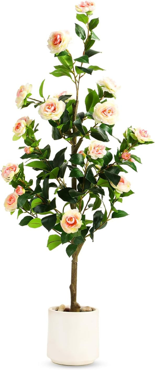 4FT Artificial Camellia Tree with White Planter & Pebbles,Faux Flower Tree with Lifelike Leaves and Realistic Trunk,Tall Fake Potted Plant for Home Décor Indoor Outdoor. (White, 4FT)