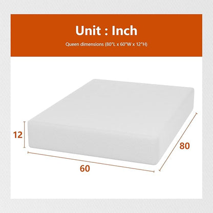 PayLessHere Queen Mattress 12 Inch Gel Memory Foam Mattress with Breathable & Washable Soft Fabric Zippered Cover,Supportive & Pressure Relief Bed Mattress,CertiPUR-US Certified,White，Fiberglass Free