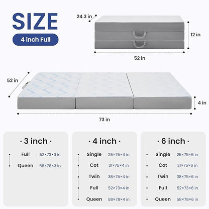 Foldable Mattress Full 4 inch -Portable White Memory Foam Folding Matress with Washable Cover for Camping Travel Guest Room Home Use-Non-Slip&Easy Storage