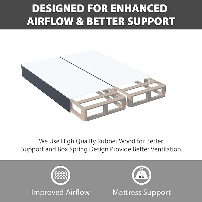Nutan Inch Sturdy Box Spring for Mattress Support-Durable and Fully Assembled, Natural Wood Full, Gray, 4" Foundation