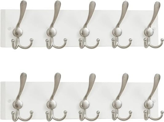 SKOLOO Creations White Solid Wood Wall Mounted Coat Rack, 5 Hooks, 17" Long - Kitchen, Mudroom, Entryway, Bathroom - Includes Mounting Hardware, Wall Coat Hanger, Towel Rack, Pack of 2