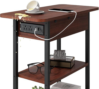 LIDYUK End Table with Charging Station, Flip Top Side Table with USB Ports and Outlets, Nightstand for Small Spaces, Bedside Tables with Storage Shelf for Living Room, Bedroom, Dark Cherry