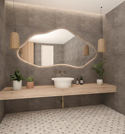 Asymmetrical Bathroom LED Mirror, Modern Irregular Shape Wall Mirror with LED Lights, Frameless Aesthetic Backlit LED Illimunated Vanity Mirror (50" x 25" inc)