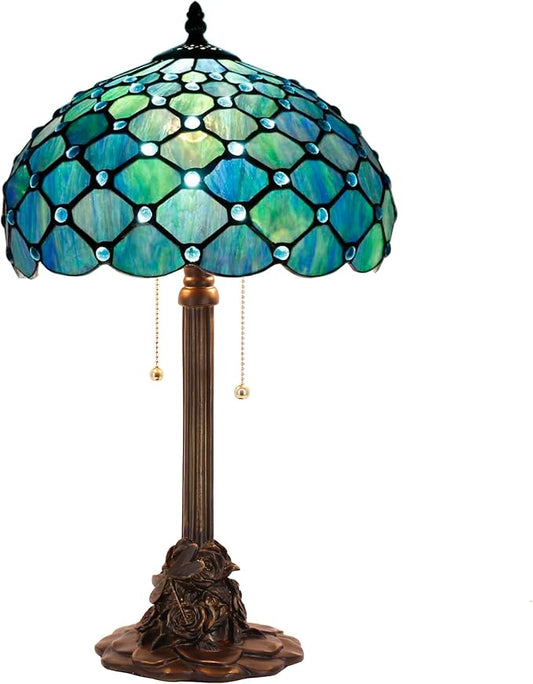Tiffany Stained Glass Table Lamp 12X12X21Inch Resin Base Desk Bedroom Living Room Reading Light (Sea Blue Pearl)