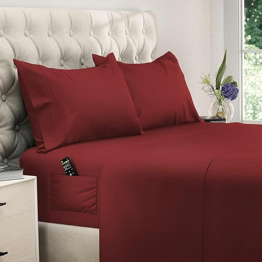 DREAMCARE California King Sheet Sets – 4 pcs Cooling Sheets – up to 21” Deep Cal King Sheets – Hotel Luxury Pillowcases – Superior Softness 100% Fine Microfiber with Side Pocket –Burgundy