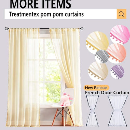 Treatmentex Black Pom Pom Sheer Curtains for Bedroom 63" Linen Texture Decorative Voile Draperies Chic Solid Sheer Curtain Panels for Living Room 52" w 2 Pack