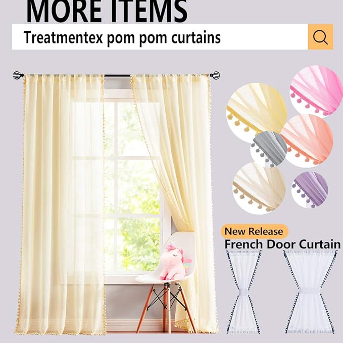 Treatmentex Sheer Linen-Look Curtains 95in Bedroom Decorative Pompom Trimmed Voile for Living Room Slub Textured Natural Window Curtain Panels 2pcs