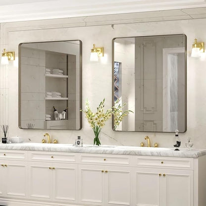26x36 Inch Bronze Framed Mirror, Brushed Bronze Metal Bathroom Vanity Mirror for Wall, Modern Rectangle Mirror, Rounded Corner, Anti-Rust (Horizontal/Vertical)