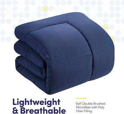 Sweet Home Collection 7 Piece Comforter Set Bag Solid Color All Season Soft Down Alternative Blanket & Luxurious Microfiber Bed Sheets, Navy, Queen