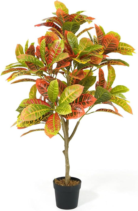 Fencer Wire 42 Inch Artificial Topiary Croton Tree, UV Resistant Artificial Outdoor Plants, Faux Bushes and Shrub, Fake Trees in Pot with Dried Moss, Artificial Plants for Front Porch, Indoor, Outdoor