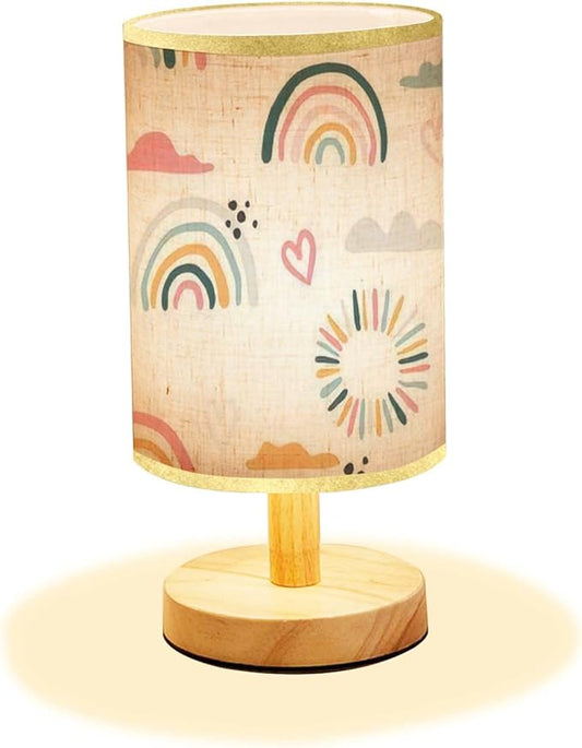 LOPYEIJFG Minimalist Bedside Table Lamp Seamless with Hand Drawn Rainbows and Sun Trendy Baby Texture for Wood Nightstand Lamp Bedside Desk Lamp Wood Base Flaxen Fabric Shade for Bedroom Living Room