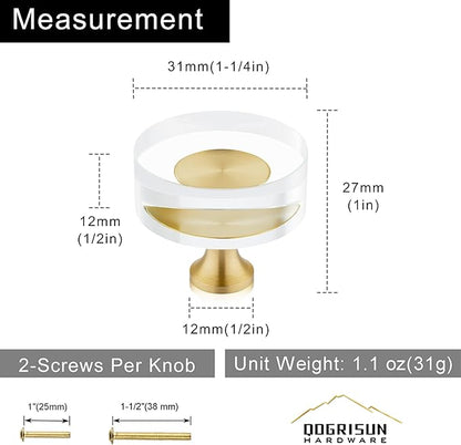 QOGRISUN 5-Pack Brass Crystal Cabinet Knobs,Glass Crystal Gold Drawer Knobs,1-1/4-Inch Round, Decorative Dresser Pulls, Modern Cabinet Hardware