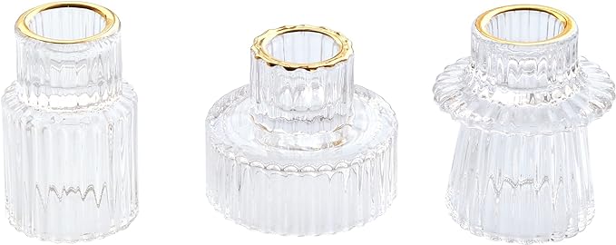 Vixdonos Taper Glass Candlestick Holders Tealight Candle Holders for Table Centerpieces, Wedding Decor and Dinner Party (3 Pcs, Gold Rim Clear)