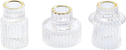 Vixdonos Taper Glass Candlestick Holders Tealight Candle Holders for Table Centerpieces, Wedding Decor and Dinner Party (3 Pcs, Gold Rim Clear)