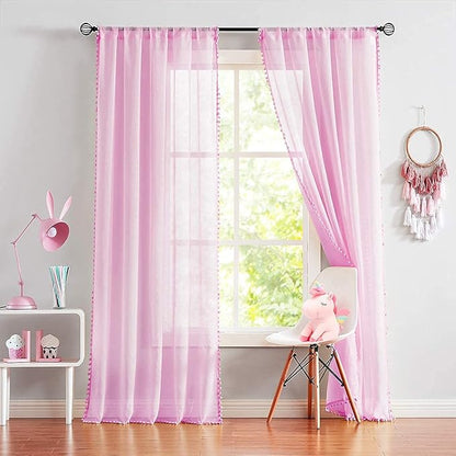 Treatmentex Sheer Curtains for Bedroom Nursery Room Pink 72 inches Long Linen Texture Slub Pom Pom Voile for Windows 52" W x 2 Panels Rod Pocket