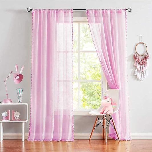 Treatmentex Pom-Pom Sheer Curtains for Bedroom 84 inches Linen Textured Look Pink Sheer Window Draperies for Girl's Room, 52" w x 2 Panels, Red, Rod Pocket