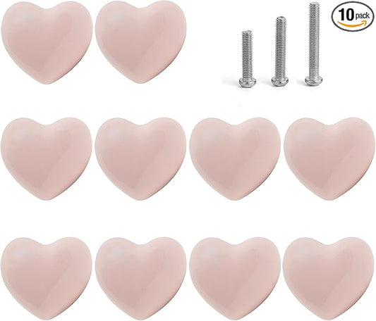 Ceramic Drawer Knobs Heart Shape Cabinet Dresser Pulls Handles with 3 Sized Screws, Kitchen Furniture Knobs for Closet Cupboard Wardrobe (10 Pack, Pink)