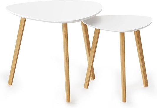 BAMEOS Bamboo Nesting Triangle End Table,Set of 2 Coffee Table Modern Minimalist Side Table for Living Room, Balcony in White