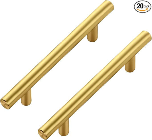 JOY DECOR 20 Pack Cabinet Handles, Gold Cabinet Pulls, 3-3/4 in Hole Center Kitchen Cabinet Handles, Stainless Steel T Bar Handles for Dresser Drawers