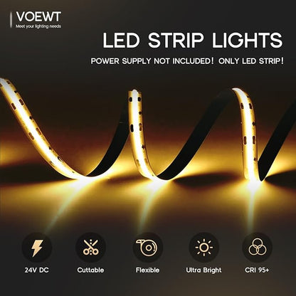 COB LED Strip Lights Neutral White 4000K,16.4ft 24V High CRI 95Ra+ Super Bright,Flexible Tape Lights for Bedroom,Mirror,Kitchen Cabinet, Living Room(Power Supply Not Included)