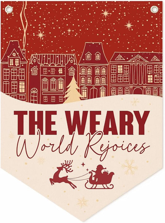 Christmas Wall Hanging Banner, "The Weary World Rejoices" Canvas Wall Art, Festive Town & Santa Sleigh Print Hanging Decor for Home, Living Room, Bedroom Holiday Decoration, 15.7 x 21.6 In