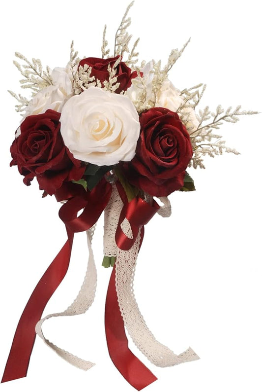 Wedding Bouquets for Bride, Champagne White & Burgundy Bridal Bridesmaid Wedding Flowers, Artificial Toss Rose for Civil Ceremony (Hollow Lace Ribbon Handle)