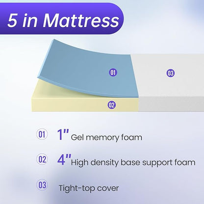 PayLessHere 5 Inch Twin XL Gel Memory Foam Mattress Fiberglass Free/CertiPUR-US Certified/Bed-in-a-Box/Cool Sleep & Comfy Support