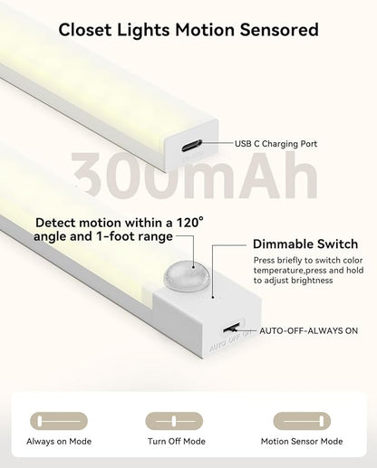 Under Cabinet Lighting 8 Inches Rechargeable Motion Sensor Light Indoor, 3 Color Dimmable Closet Light Battery Operated, USB Stick on LED Magnetic Under Counter Lights for Kitchen Stair, 3 Packs