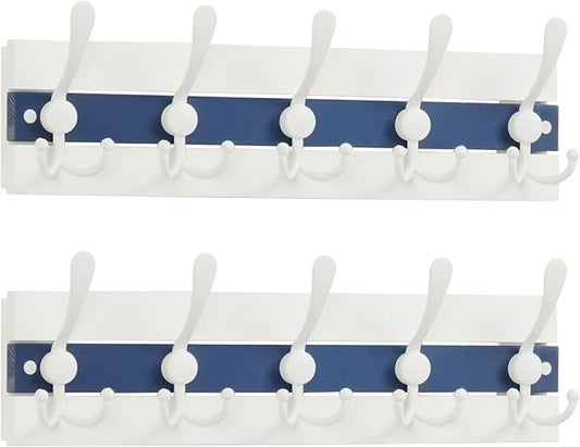 SKOLOO Coastal Wall Mounted Coat Rack - 17" Beach House Entryway Wooden Coat Hook with 5 Hooks for Hanging Coats, Hats or Towels, Oceanfront Cottage Core Collection, White & Blue, Pack of 2