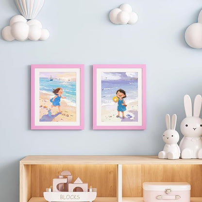 KINLINK 10x12.5 Kids Art Frames Set of 2, Solid Wood Kids Artwork Frames Changeable with Acrylic Front Opening Holds 150 Pictures, Art Frame for Kids Artwork with Mat or without Mat, Pink