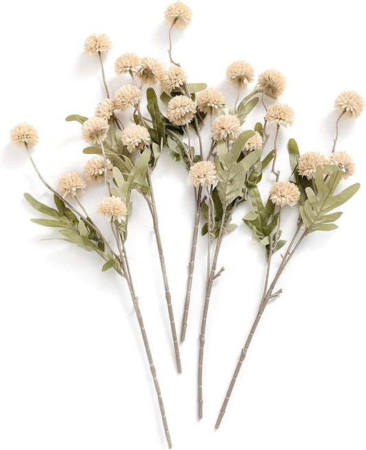 Ling's moment Pompon Mum Artificial Flower, 5pcs Faux Silk Mini Chrysanth with Stems, Bulk Fake Wedding Filler Flowers for DIY Bouquet Centerpieces Arrangements Shower Decorations, Beige