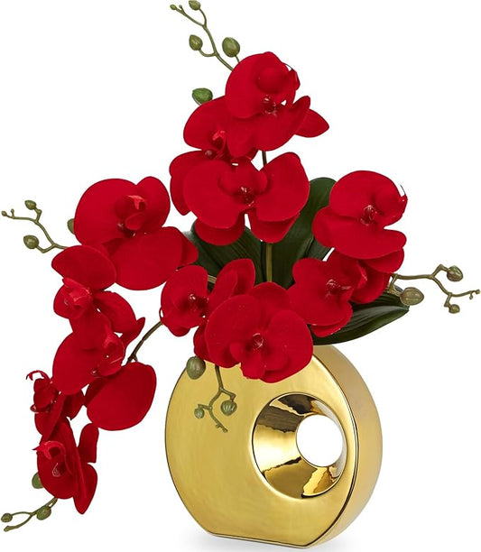 Briful Artificial Orchid Flowers in Gold Pot 15.7" Tall Red Velvet Faux Orchid Arrangement Silk Orchid Flower Fake Orchids Centerpiece for Home Office Room Wedding Table Décor