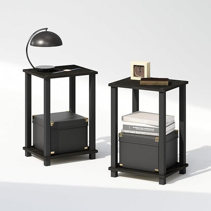 Furinno Simplistic Night Stand Set of 2, 2-Tier Small Nightstand with Open Shelf, Toolless Bedside Table, End Table, Side Table, for Bedroom, Living Room, Espresso