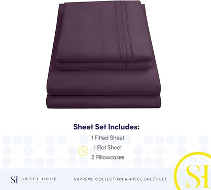 1800 Supreme Collection - Breathable Luxury Full Size Sheet Set with Full Elastic & Secure Corner Straps Built In, Extra Soft Deep Pocket Bedding, Purple