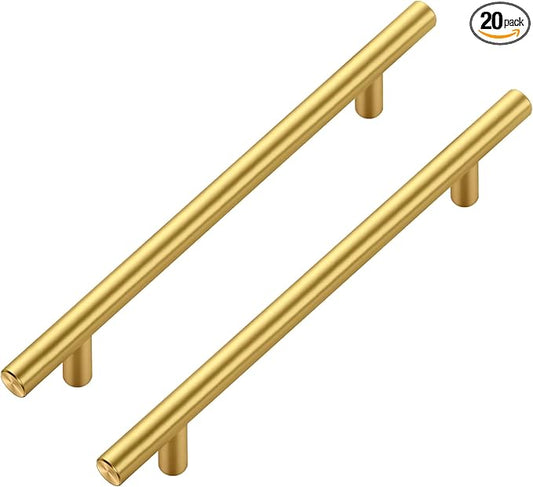 JOY DECOR 20 Pack Cabinet Handles, Gold Cabinet Pulls, 6-1/4 in Hole Center Kitchen Cabinet Handles, Stainless Steel T Bar Handles for Dresser Drawers