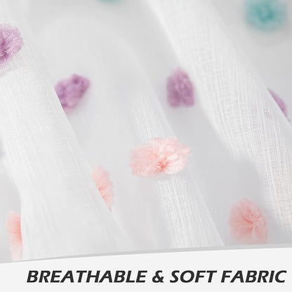 MYSKY HOME Pom Pom Sheer Curtains for Girls' Bedroom and Nursery - Rainbow 72 Inch Long Door Curtains with Rod Pocket - Semi-Transparent, Light Filtering - 52 x 72 Inch, 2 Panels